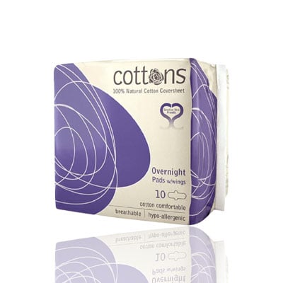 Cottons 100% Hypo allergenic Overnight Pads with Wings, 10 pads