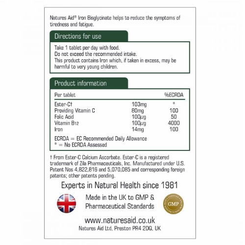 Natures Aid Iron Bisglycinate 14mg Elemental w/Ester C, Vit B12, Folic Acid (Vegan)-90's