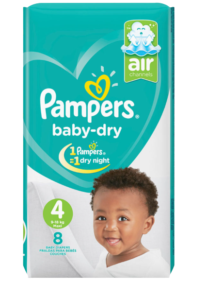 Pampers Baby Dry Low Count Maxi Diapers Size 4 (9 - 14 kg’s), 8 pieces