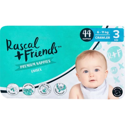 Rascal + Friends Premium Nappies (Unisex) SIze 3 Crawler (6-11kg)  44's