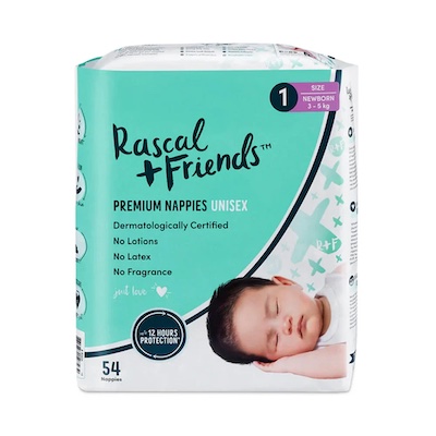 Rascal + Friends Premium Nappies (Unisex) Size 1 Newborn (3-5kg) 54's