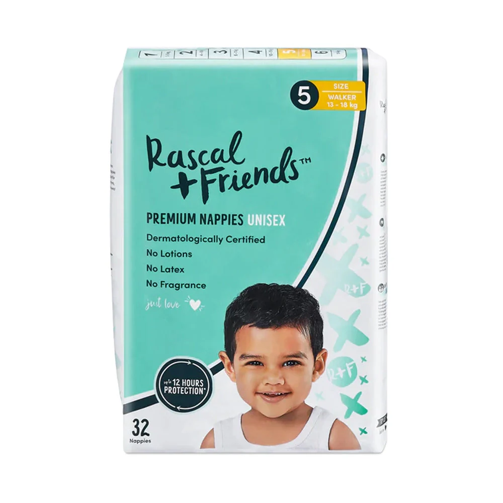 Rascal + Friends Premium Nappies (Unisex) SIze 5 Walker (13-18kg)  32's